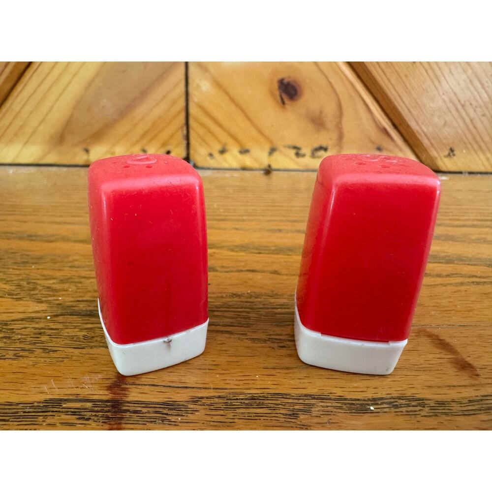 Vintage Red & White Food Stores Salt Pepper Shakers Plastic Advertising Set